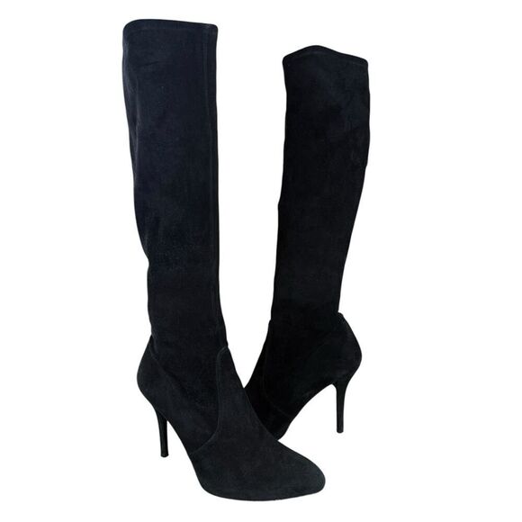 Stuart Weitzman Black Suede Knee-High Stretch Boots Size 8M Pointed Toe Stiletto - Picture 1 of 11
